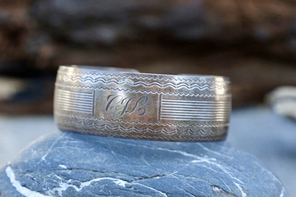 Victorian Sterling Silver Wide Cuff Bracelet Engine Turned Engraving Stamped MB